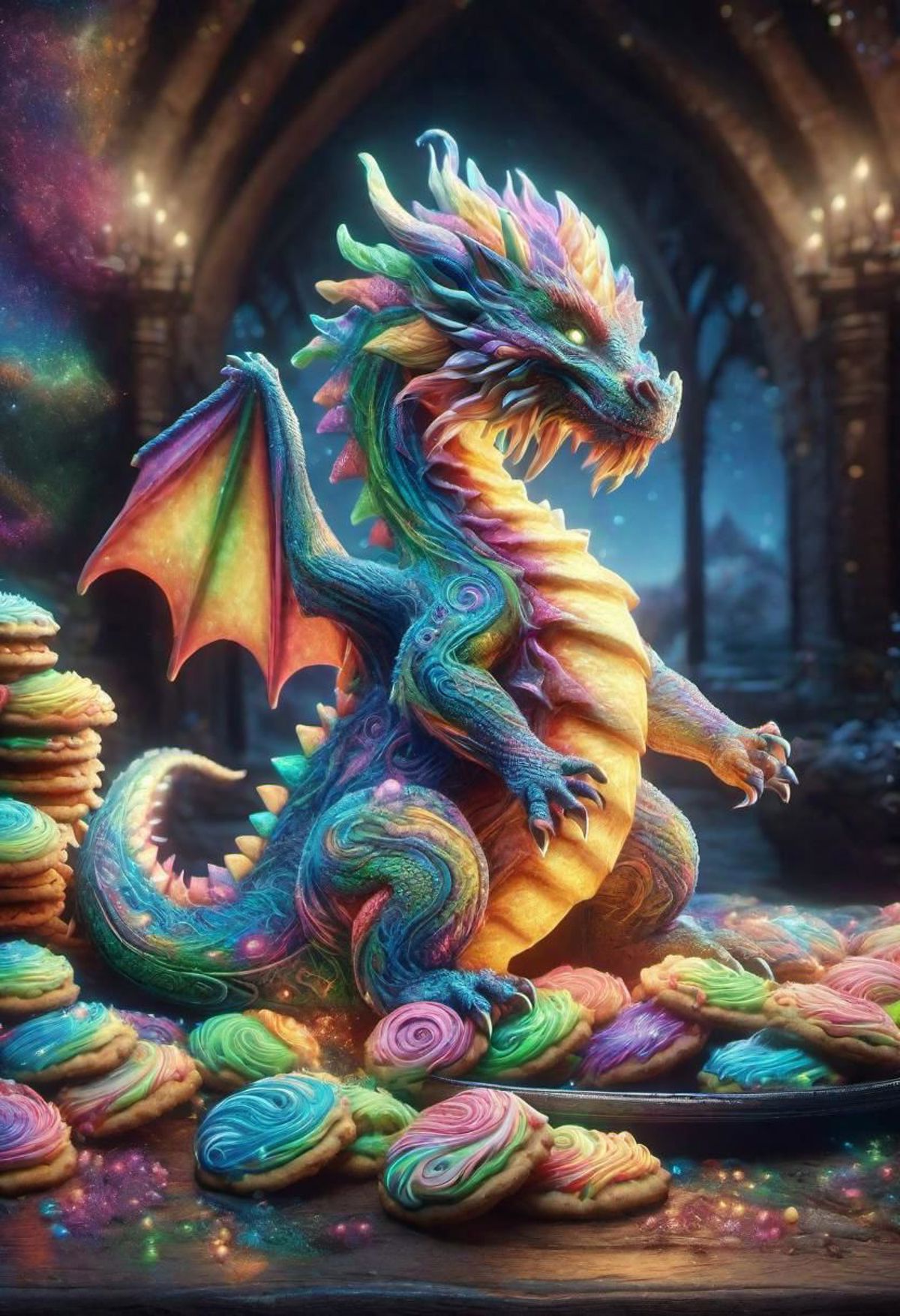 Colorful Dragon Sculpture with Rainbow Wings and Tail, Sitting on a Pile of Cookies and Candy