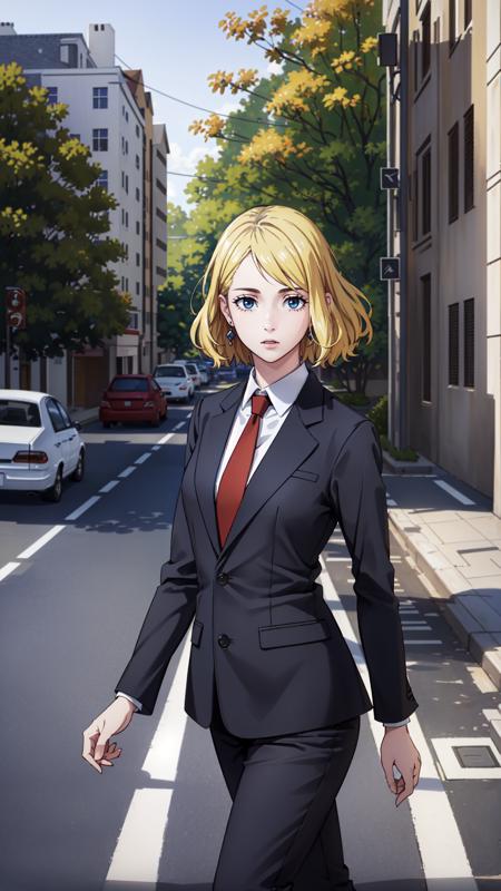 short hair yellow hair dark blue eyes black suit red necktie suit pants