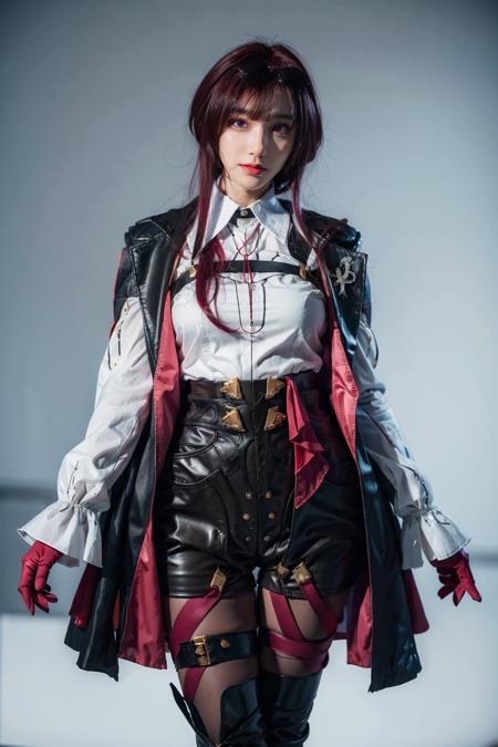 best quality, masterpiece, photorealistic, 1girl, solo, bangs, looking at viewer, cowboy shot, standing, arms at side, red hair, kafka cosplay costume, kafka, cosplay, eyewear on head, shirt, gloves, shorts, jacket, coat, legwear under shorts, thigh strap, purple pantyhose, long sleeves, asymmetrical boots, asymmetrical legwear, high heel boots, high-waist shorts, simple background, <lora:kafka_cosplay_costume:0.7>