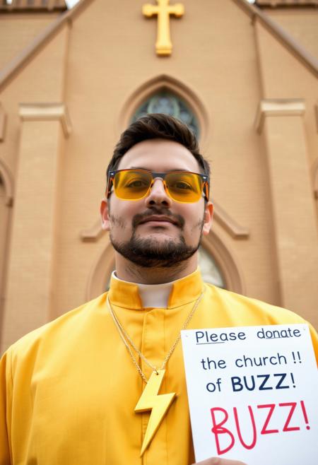 Man wearing yellow tinted glasses and a yellow priest uniform in front of church like building which has a gold lightning bolt symbol on its spire roof, he is wearing golden lightning bolt symbol necklace prominently visible, he is holding sign with text "Please donate to the church of BUZZ!"