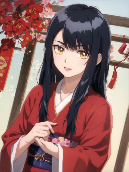 Nengajo: The Japanese New Year's Card,謹賀新年,元旦
,shimabara yuuhi,lips gloss,blue black hair,short disheveled bangs,jagged cowlick,long locks,medium hair,thick eyebrows,sharp yellow eyes