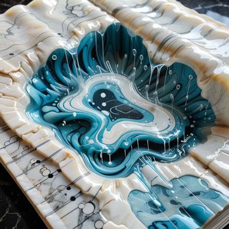a futuristic comic book printed on sheets of animated marble, each page flowing like slow ink in water, speech bubbles rising from the surface like holograms, panels warping slightly as the page moves, circuit diagrams hidden within liquid contours, geeky liquid marble