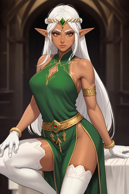 elf, long white hair, brown eyes, tanned skin, green dress, white gloves, white thighhighs, arm bangle, headpiece, warrior,