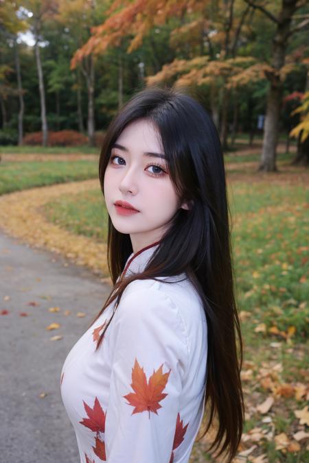 1girl,very long hair,rim light,absurdres,(autumn maple forest:1.3),very few fallen leaves,(path),botanical garden,portrait,white printed cheongsam,