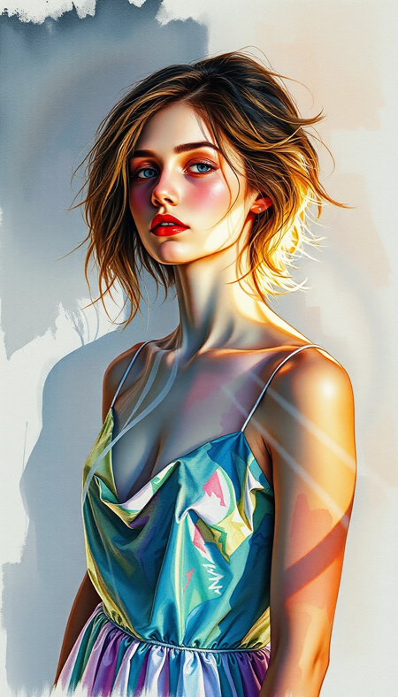 The theme of the painting is the play of shadows and light, and the skillful composition combines elements of watercolor and pastel. young woman in a fiberglass dress,
The overall style is reminiscent of a glitch photograph, with overexposed areas and distorted shadows. The light in her hair adds volume, and the background shows a Zentangle pattern,