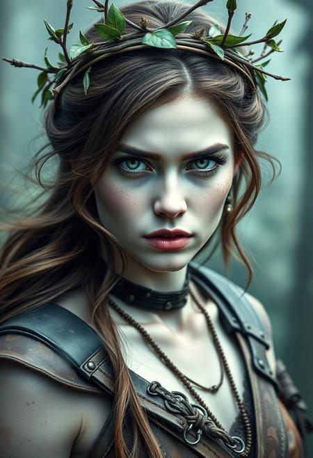 the forest Princess, serious face expression, beautiful, perfect makeup, extremely beautiful, green eyes, long brown hair, leather clothes, wood armour, tribal jewelry, branches and leaf crown, hyper realistic, ultra detailed, translucent white skin, white skin, mist, wind