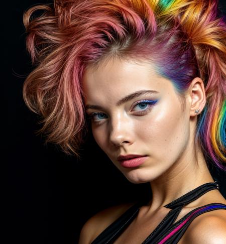 stunning portrait photo of (frln woman:1.0) , by Flora Borsi, style by Flora Borsi, bold, bright colours, (rainbow Mohawk hair:1.1), (Flora Borsi),
 <lora:FreyaAllanDogu:1>