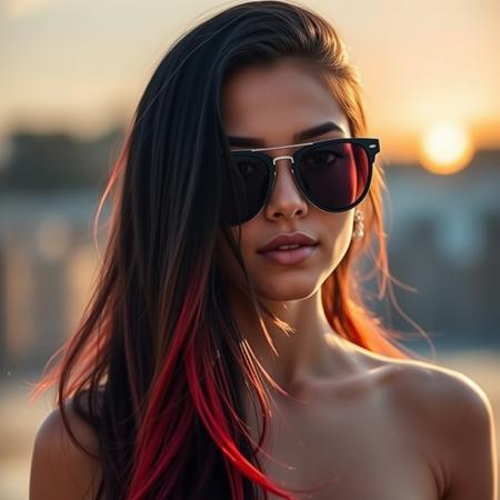 woman portrait,20yo, mulatto latino appearance, sport bike sunglasses, black and red long hair style, background blurred, sunset in the background, sunny day