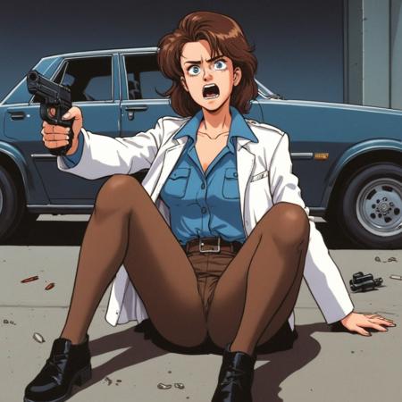 <lora:Riding Bean cartoon style v1:0.7>
Semmerling In 1990's A cartoon of a brown hair woman sitting on the ground with a black gun in her hand looking up at something in fear, sharp image, detailed image, original video animation style, manga cartoon style, 1990's style, cinematic style, perfect cartoon style, 1girl, solo, short hair, blue eyes, shirt, brown hair, holding, jacket, weapon, pantyhose, teeth, holding weapon, hair over one eye, gun, white jacket, clenched teeth, holding gun, motor vehicle, handgun, car, retro artstyle, 1980s (style)
