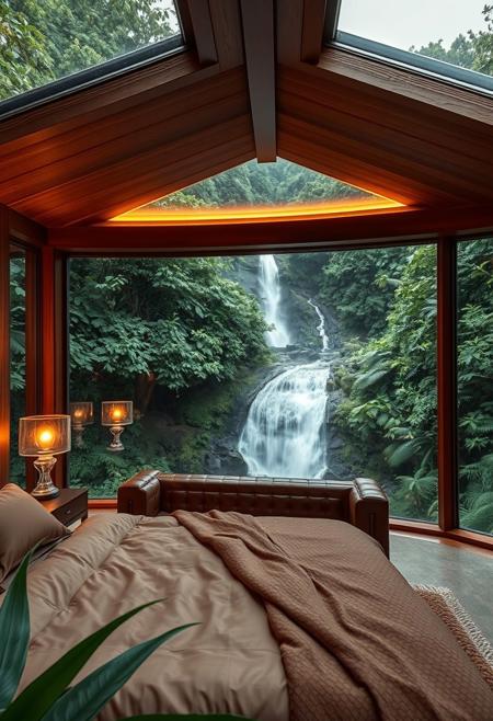 A stunning ultra modern bedroom scene situated on the top edge of a waterfall in a lush green tropical forest, bedroom is furnished in lush brown leather tones, rich wood, clean modern glass lamps with warm inviting lighting, large windows let in natural light and provide a stunning view of the waterfall cascading down to the valley below
