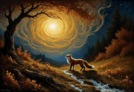A masterful oil painting in the heroic, beautiful style of Boris Vallejo, but filled with whimsy. In a moonlit clearing, a fox stands joyfully on its hind legs in a dancing pose. It is surrounded by a magical, swirling vortex of autumn leaves, which glow with a warm, inner light. This abstract, painterly vortex is the main light source, creating a beautiful chiaroscuro and casting soft, Aivazovsky-style volumetric rays. Each leaf is a single, thick daub of impasto paint. The atmosphere is pure enchantment, joyful, and deeply magical.