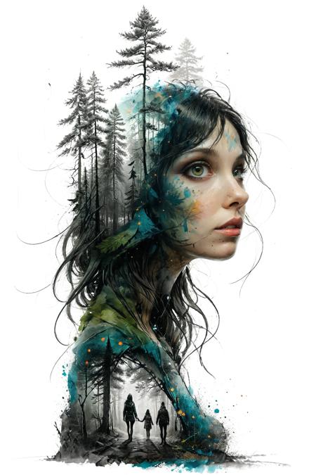 mysterious silhouette royal forest woman, by Minjae Lee, Carne Griffiths, Emily Kell, Steve McCurry, Geoffroy Thoorens, Aaron Horkey, Jordan Grimmer, Greg Rutkowski, amazing depth, double exposure, surreal, geometric patterns, intricately detailed, bokeh,  perfect balanced, deep fine borders, artistic photorealism , smooth,  great masterwork by head of prompt engineering   <lora:add-detail-xl:2>  <lora:Double_Exposure:0.5> <lora:xl_shuimo:0.8> ink wash painting <lora:Cute_Drawing:0.6>  <lora:hyperkraximalism_v1-1:0.3>