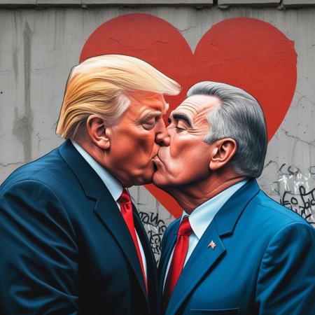 Leonid Brezhnev and kissing Donald Trump, illustration on berlin wall, comic style, character splash art
