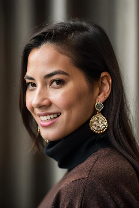 <lora:0l1v14m:1>, Realistic photo of a beautiful 0l1v14m woman, 1girl, solo, long hair, breasts, looking at viewer, smile, skirt, brown hair, black hair, long sleeves, brown eyes, jewelry, earrings, teeth, grin, sweater, lips, turtleneck, ring, freckles, realistic, soft lighting, professional Photography, Photorealistic, detailed, RAW, analog, sharp focus, 8k, HD, DSLR, high quality, Fujifilm XT3, film grain, award winning, masterpiece