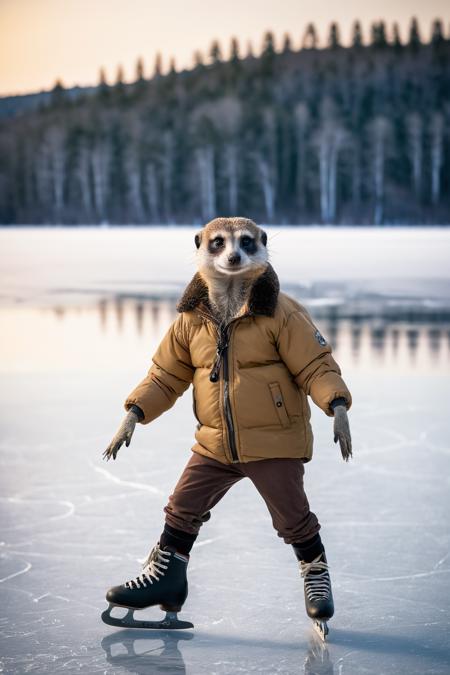A anthropomorphic meerkat wearing a thick down jacket and (ice skates),  skating on a frozen lake,  Norwegian forests in the background,  early morning,  cold lighting,  highly detailed,  Fujifilm XT-4,<lora:EMS-57135-EMS:0.600000>