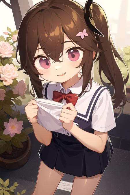 <lora:antifreez3-v1:1>, 1girl, masterpiece, highres, bright pupils, portrait, standing, smile, brown hair, purple eyes, A young girl with cherry blossoms behind her was looking at me, schoolgirl uniform,