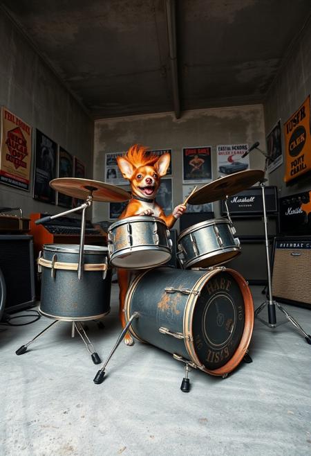 A professional photograph of a Miniature Pinscher with a fiery red mohawk, energetically playing a unique drum set in a gritty, industrial concrete garage. The garage is filled with musical equipment, with walls lined with soundproofing panels and band posters. The drum kit, while still whimsical, is made from repurposed metal objects: old oil drums as bass drums, a snare drum created from a steel toolbox, and cymbals fashioned from rusted hubcaps. Around the dog, amplifiers and guitar stands are scattered, creating the vibe of a band’s rehearsal space. The contrast between the cold, industrial setting and the dog’s lively energy brings the scene to life, as the Miniature Pinscher’s paws expertly beat the instruments, filling the garage with an imagined rock rhythm.
