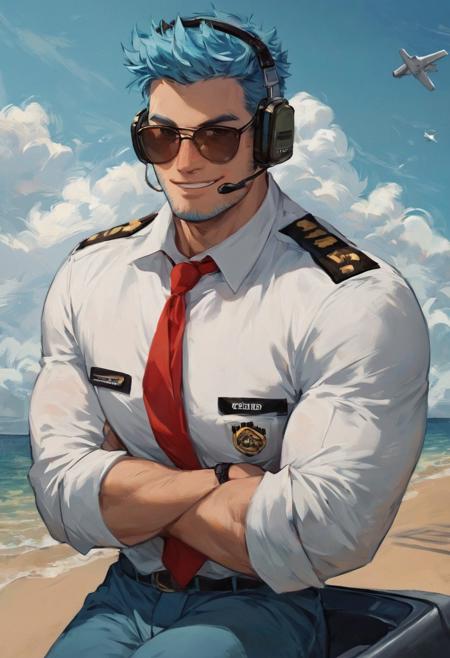 score_9, score_8_up, score_7_up, score_7, score_6_up, mature male, solo, Wilbur \(Animal Crossing\), blue hair, short hair, black eyes, blue facial hair, jawline stubble, aviation pilot uniform, white color shirt, red necktie, blue pants, epaulette, aviator glasses, aviator headset, nose bandaid, crossed arms, grin, looking at viewer, beach, blue sky and ocean, planes flying in the sky, white plane trails