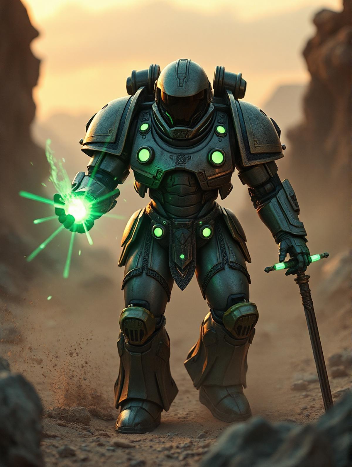 Fighting game style Grunge style Graffiti style 4K photograph,Cinematic scene of a strong human (Buzz Lightyear:1.2) astronaut wearing massive heavy (warhammer 40k:1.2) chaos marine grey gold armor,(glowing green magic:1.5),glass bubble helmet,cinematic lighting,(cinematic color grading:1.2),rocky alien planet,dark moody lighting,casting a spell,extremely detailed armor,adeptus mechanicus,walking through a sandstorm,small (helmet:1.4),sword,detailed textures,fuji cinestill,sunset . Street art, vibrant, urban, detailed, tag, mural . Textured, distressed, vintage, edgy, punk rock vibe, dirty, noisy . Dynamic, vibrant, action-packed, detailed character design, reminiscent of fighting video games