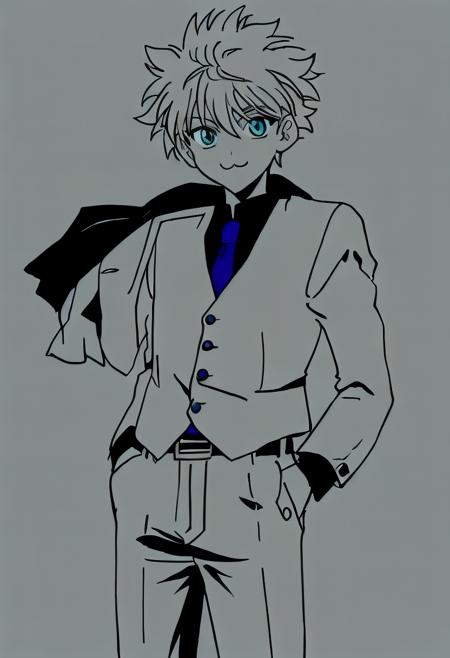 aullik, solo, looking at viewer, smile, short hair, bangs, blue eyes, simple background, shirt, long sleeves, 1boy, holding, hair between eyes, closed mouth, standing, jacket, monochrome, white hair, greyscale, male focus, cowboy shot, necktie, collared shirt, belt, pants, hand up, vest, black shirt, :3, formal, suit, spiked hair, messy hair, spot color, hand in pocket, blue necktie, holding clothes, male child, holding jacket