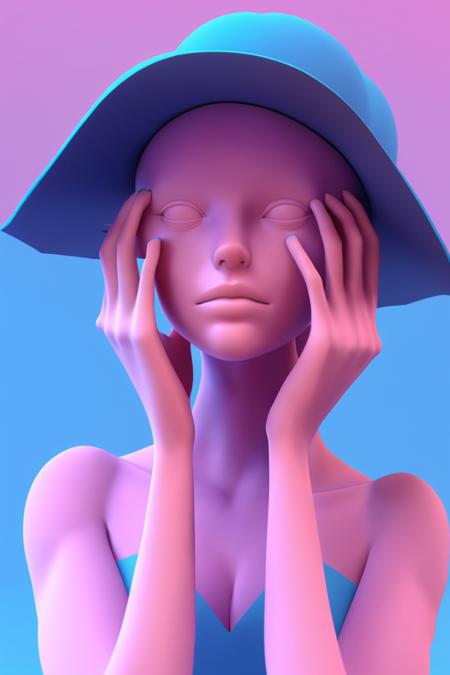 a woman with a pink hat and a pink dress ,  a woman with blue hands covering her face, 3d render, c4d