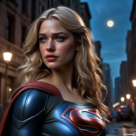 High resolution ultra-realistic of beautiful Supergirl in a love hug with Batman on a dirty Gotham City street under a full moon, wavy blonde hair, Greg Rutkowski, Intricately Designed Handsome cute face, Realistic beautiful blue eyes, Atrractive 21 years old woman, DC Comics, full body, Intricately Designed combat costume, 8K, ultra-realistic body, defiant and seductive, Cinematic Lighting, sharp focus, digital painting, Photograph Taken on Nikon D750, Alphonse Mucha, 8K, athletic figure, Hyperdetailed, hyperrealism, Hyperdetailed, hyperrealism, aesthetics comics movie