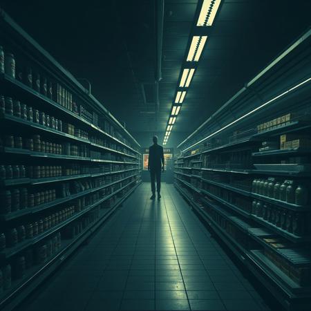 A liminal space inside a nearly pitch-dark supermarket, its long aisles stretching into an eerie, endless void. The dim, flickering overhead lights barely illuminate the cold tile floor, casting elongated shadows that shift unnaturally. The shelves are still stocked, but something feels off—products are misaligned, some labels are faded as if they’ve been here for decades. The soft hum of the refrigeration units is the only sound, blending with the distant crackle of an old speaker playing a distorted, barely-audible supermarket jingle.
Then, in the background, something is there. Watching. Waiting.
Between the aisles, beyond the last flickering light, stands a tall, shadowy figure. Slenderman. Motionless. His featureless face is barely visible through the darkness, yet you feel his gaze pressing down on you. His unnaturally long limbs seem to stretch with each blink, shifting, closing the distance ever so slightly whenever you look away. The atmosphere is suffocating—something is wrong, but you can’t leave.
The automatic doors stand still, locked in place. The checkouts are empty, yet the scanner beeps randomly, as if something unseen is purchasing items in the void. Your pulse quickens. The fluorescent lights buzz louder. The air grows heavier.
You shouldn’t be here.
But now… he knows you are.