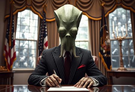 president cthulu in a sharp pin striped suit posing for presidential portrait in the oval office, real photograph, signing bill, ominous evil, empty eyes