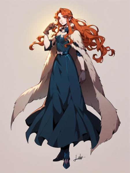 lenore, 1girl, long hair, solo, orange hair, red eyes, gloves, blue dress