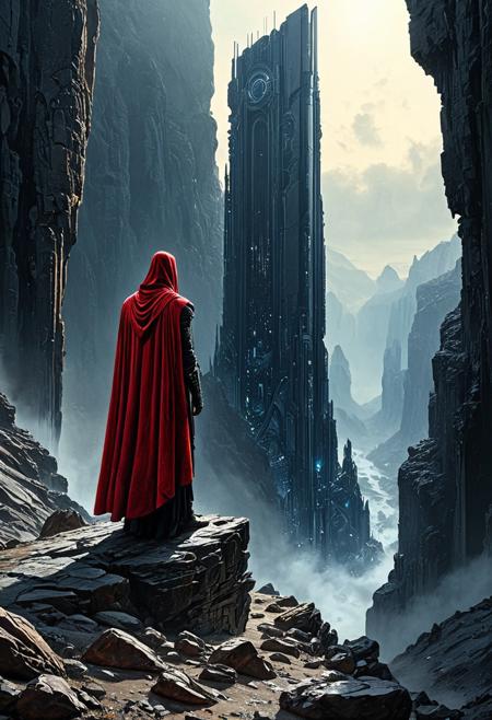 A beautiful expressive painting.
This is a highly detailed digital painting of a fantasy landscape with a very high aesthetic quality. The image showcases a towering, futuristic structure resembling a colossal, mechanical monolith with intricate, metallic textures and a dark, industrial color palette. The structure is set against a backdrop of rugged, canyon-like rock formations and a misty, ethereal atmosphere, suggesting an otherworldly environment. In the foreground, a lone figure dressed in a red cape and dark attire stands on a rocky outcrop, gazing up at the monolith. The lighting is dramatic, with a mix of bright sunlight illuminating the scene from above and casting long shadows, enhancing the depth and realism. The camera angle is low and upward-looking, emphasizing the grandeur of the structure. The background is in focus, providing a clear view of the entire scene.