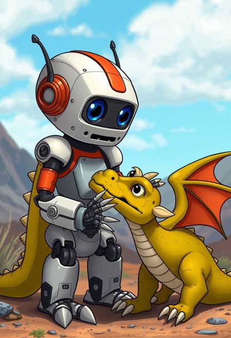 A clunky robot petting a dragon
Cartoon Pixar style