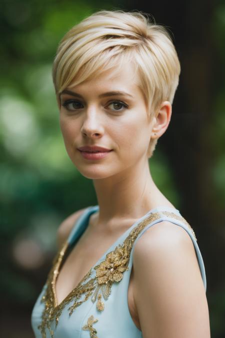 photoshoot of ahy, (blonde hair), (pixie cut), , detailed skin texture, (blush:0.2), (goosebumps:0.3), (light blue dress), subsurface scattering, Photorealistic, Hyperrealistic, Hyperdetailed, analog style, hip cocked, demure, detailed skin, matte skin, soft lighting, subsurface scattering, realistic, heavy shadow, masterpiece, best quality, ultra realistic, 8k, golden ratio, Intricate, High Detail, film photography, soft focus ,<lyco:AnneHathaway-RealVision-V1.0:1.0>