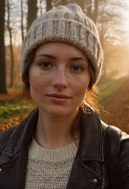 A beautiful selfie of a 30 year old Dutch woman, ((sweater)), ((leather jacket)), ((beany)), ((full body:1.2)), she has a comely face, shy smile, in love, pale skin, very dark eyes, chocolate brown hair, straight hair, 70's fringe, beautiful mouth, long face, narrow chin, freckles on nose, birthmarks on stomach, she is slim, natural tits, perfectly shaped tits, pubic hair, ultra realistic, extremely detailed, highly detailed eyes, realistic eyes, highly detailed skin, realistic skin, a walk on the heath, early morning, autumn, a little foggy, beautiful lighting, soft natural light, golden hour light, autumn, perfect light, Rembrandt style light, 8k resolution, masterpiece, 35mm,Camera="Hasselblad X1D 50c", Lens="Hasselblad XCD 90 mm f/3.2 ", "Aperture-of=f/2.8", "ISO=100", film grain, (ultra high res:1.2),(photo-realistic:1.3) (skin pores:1.1)