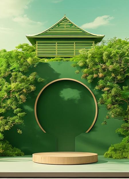 noh humans,masterpiece, 1showcase,green theme,plant,sky,city,