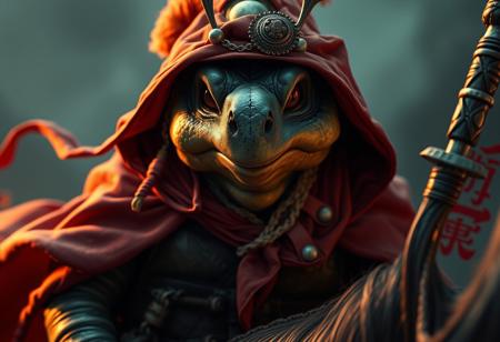 Create a highly detailed, cinematic close-up of an anthropomorphic turtle samurai on a Castle of Chaos 城 shiro, inspired by Steve Prescott's keylight and fashionable RPG clothing. The turtle samurai should be part of a gang of circus clowns, as envisioned by Jesper Myrfors, and wear a flowing cloak, reminiscent of Ayami Kojima's style. Incorporate muted colors, micro details, and lifelike details, with a focus on photorealistic quality, akin to art by artgerm and Greg Rutkowski. Utilize a gridless, necromancer suit design, with a sharp focus and no blur or depth of field, targeting an 8k resolution and HD quality.