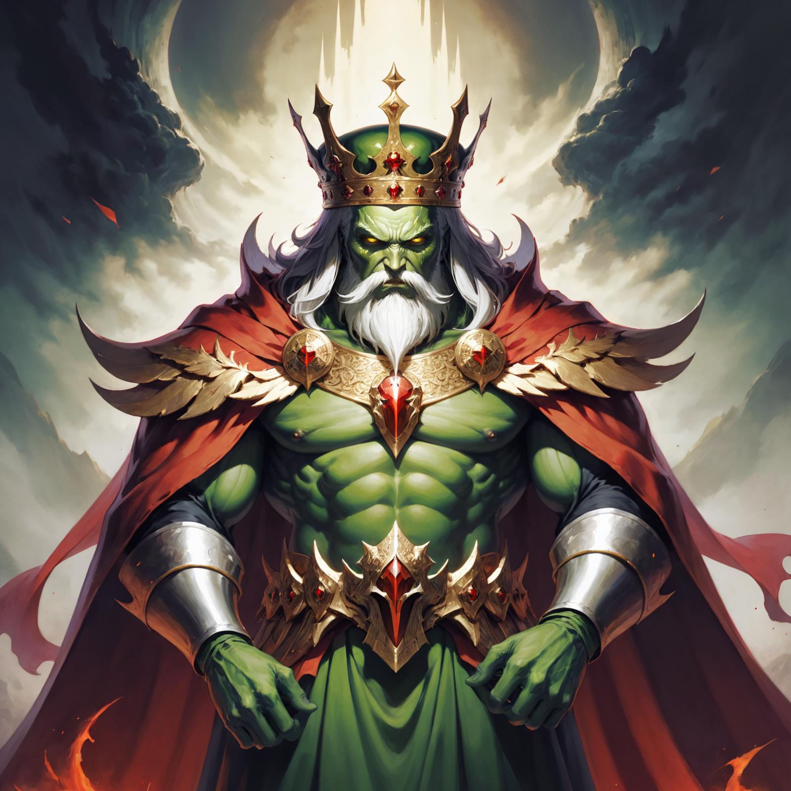 A muscular man wearing a crown and holding a scepter, with a green and red color scheme.