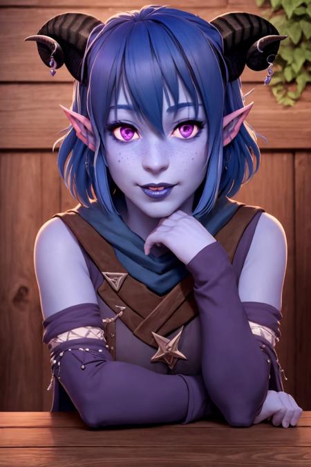 <lora:JesterV1:0.75>, Jester Lavorre, purple eyes, blush, shy, blue hair, blue skin, horns, tavern, wooden table, stone wall,