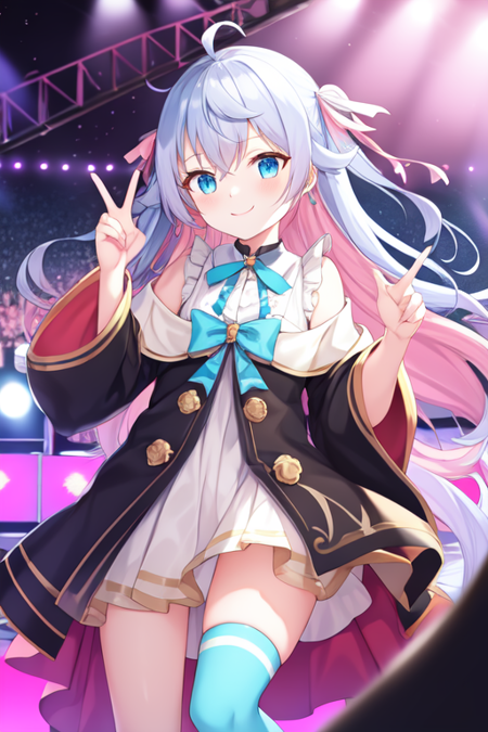 kagura nana, nana_second, long hair, two side up, dress, sleeveless, off-shoulder jacket, black jacket, blue bow, arm up, piece sign, smile, concert stage, spotlight, glowstick, outdoors, pink sky, masterpiece, best quality, dutch angles, delicate lightings