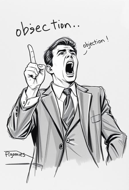 courtroom sketch of an attorney raising his hand pointing a finger and screaming "Objection!". With text "objection!". The man's pose exudes power and is similar to that of characters of the videogame series phoenix wright. The sketch reminds of the styles of Butch Krieger or Gary Myrick, with a grey paper, quick precise black outlines and oil pastel crayons.