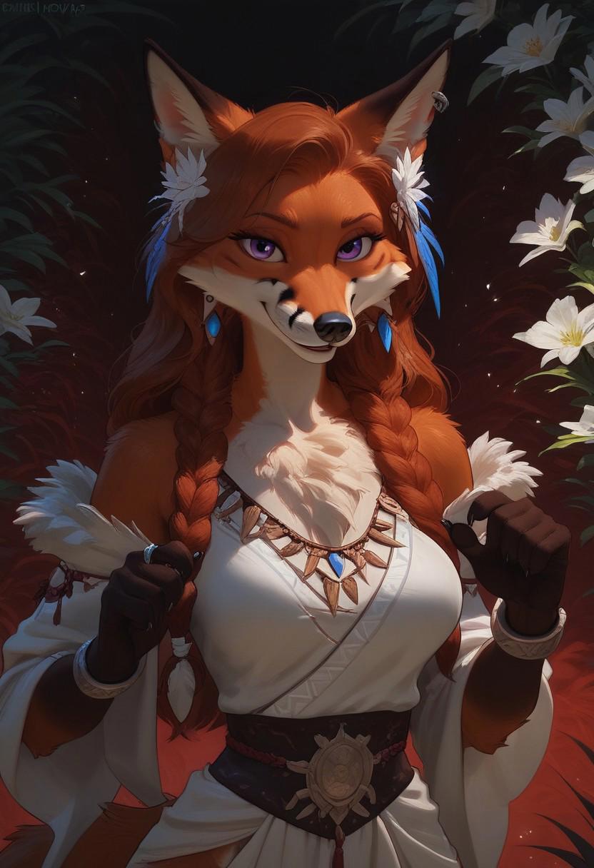 score_9, score_8_up, score_8. score_9, score_8_up, score_7_up, score_6_up, masterpiece, 4k, high quality, (best quality:1.1), source_furry,(anthro female fox:1.4), <lora:Anthro_Fox_Lora_for_Pony:0.6>, female furry fox, anthro fox, copper fur, fluffy fur, black nose, detailed fur, jewelry, earrings, ear_cuffs, Fluffy Chest, Fluffy Neck tuft, spark lit background,
rating: safe,
field of flowers, standing, BREAK, red head, braids, warm look, long hair, fringe, ((mature)), sligthly chuby, wide hips, motherly, beautiful, purple eyes, medium breasts, full clothed, ((indigenous clothes, tribal clothes, earings, dress, feather hair ornament, bracelets, rings)), flowers, perfect anatomy. BREAK, smirking, canine paws, detailed background, blured background, perfecteyes, upper body