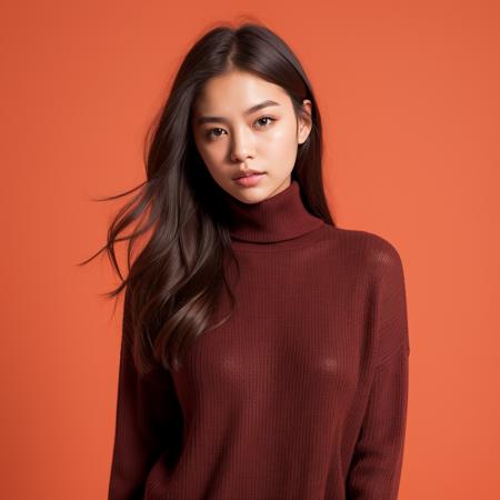 1girl, turtleneck sweater, simple background, red background,