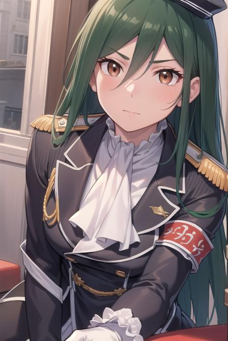 cruschkarsten, <lora:cruschkarsten-lora-nochekaiser:1>,
crusch karsten, long hair, hair between eyes, green hair, (brown eyes:1.4),
BREAK gloves, long sleeves, hat, jacket, boots, frills, white gloves, black footwear, uniform, military, ascot, military uniform, armband, epaulettes, white ascot,
BREAK looking at viewer, full body,
BREAK outdoors,
BREAK <lyco:GoodHands-beta2:1>, (masterpiece:1.2), best quality, high resolution, unity 8k wallpaper, (illustration:0.8), (beautiful detailed eyes:1.6), extremely detailed face, perfect lighting, extremely detailed CG, (perfect hands, perfect anatomy),