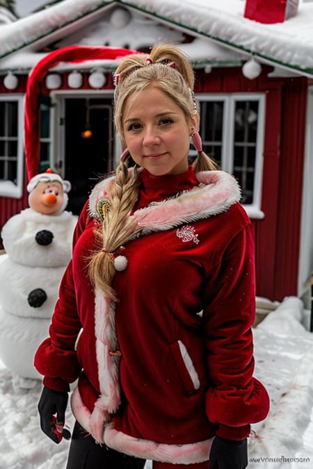 mrs santa claus, santas grotto, north pole, elves, snowmen, candy canes, snow, icicles,  <lora:Sarah_Jane_Honeywell:1> masterpiece, best quality, detailed face, 1girl, solo, a young sj1873h, blonde_hair pig tails