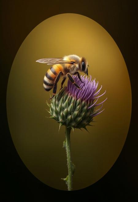 In a classical oval format, a single bee is posed in profile atop a flowering thistle, with both subject and perch centered against a background of rich, atmospheric green fading into brown. The bee’s posture is calm yet alert, with one leg raised slightly and its antennae pointed forward as though caught in contemplative pause. The thistle, detailed in naturalistic purples and greens, curves with graceful elegance, its spiny leaves softened by painterly light. The portrait is suffused with chiaroscuro, giving volume and gravity to both bee and flower. The bee is given the visual weight and dignified presence of a monarch, surrounded by soft botanical ornamentation that frames rather than distracts. A perfect synthesis of scientific precision and courtly dignity.