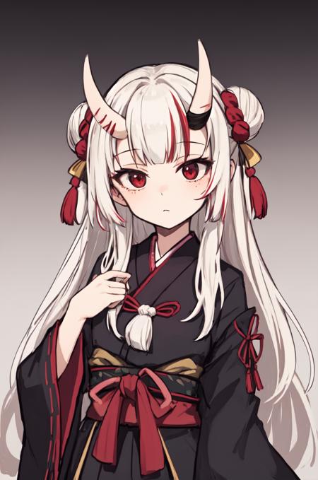 masterpiece, nakiri ayame, double bun, streaked hair, red eyes, oni horns, white hair, gradient hair, tassel hair ornament,