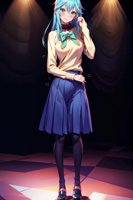 small breasts, tall girl, full body, anime style, skirt, stockings, sweater,, <lora:add_detail:0.5> <lora:aqua_konosuba-000035:0.8> aqua \(konosuba\)