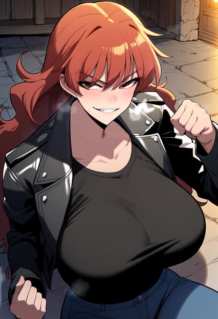 long hair, red hair, red eyes turtleneck, red shirt, sleeveless shirt, bandaged arm, armband, black gloves, fingerless gloves, black pants black jacket, leather jacket, long sleeves, black shirt, collarbone, jeans