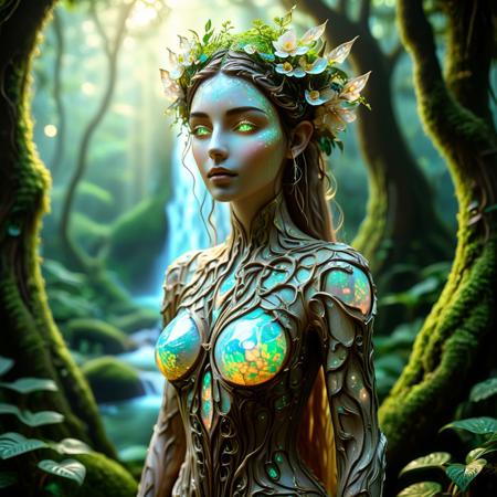 Opal_Fantasy, W00dF4nt4sy, A breathtaking full-body portrait of a mystical woman made entirely of smooth, ancient wood, her sculpted form adorned with natural carvings resembling tribal patterns. Vines and moss gracefully weave around her limbs, while her emerald-green eyes glow with wisdom and mystery. She wears an exquisite, flowing outfit made from shimmering opal, its iridescent hues of blue, pink, and violet shifting like liquid light against her wooden skin. Her long, vine-like hair cascades down her back, intertwined with blooming flowers and glowing bioluminescent fungi, she stands tall in a lush, enchanted jungle, surrounded by towering trees, misty waterfalls, and vibrant, oversized exotic plants. The golden sunlight filters through the dense canopy, casting ethereal shadows on the soft, mossy ground. Tiny fireflies and magical energy swirl around her as she gracefully blends with nature. The scene is rich in detail, with a harmonious mix of deep greens, earthy browns, and luminous opal tones, creating a mesmerizing, fantasy atmosphere, The image is highly detailed, with intricate patterns in the opal dress and a rich, vibrant color palette, sharp focus, fine details, high quality, precise, high resolution, 4k, 8k,
