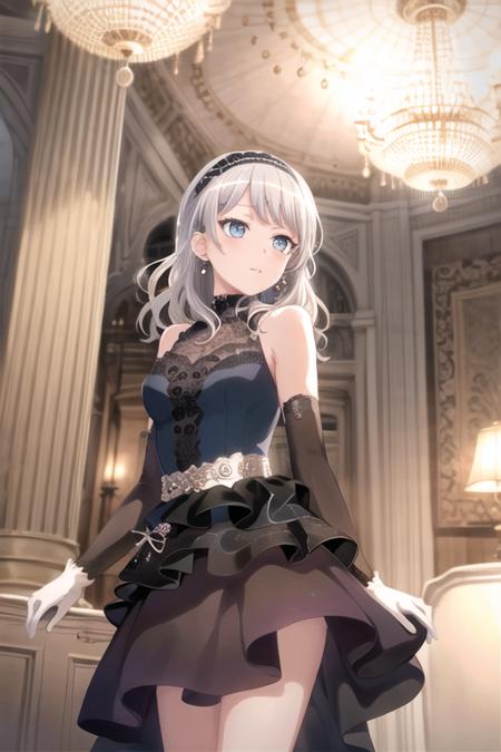 <lora:EveWakamiya-10:0.8>,wakamiya eve, 1girl, solo, long hair, blue eyes, skirt, gloves, dress, bare shoulders, jewelry, closed mouth, standing, white hair, hairband, earrings, sleeveless, black gloves, elbow gloves, indoors, sleeveless dress, from below, white skirt, black hairband, chandelier