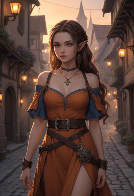 baldur’s gate 3, 1 girl, dark ambient lighting, middle ages, fantasy, half-elf, brown dress, waist belt, off shoulder, sexy, long hair half braided, small flowers in hair, in old town, middle ages street, holding a small light, late evening, sundown, orange blue sky, lit street, small choker necklace, character has ambient light, darker hour